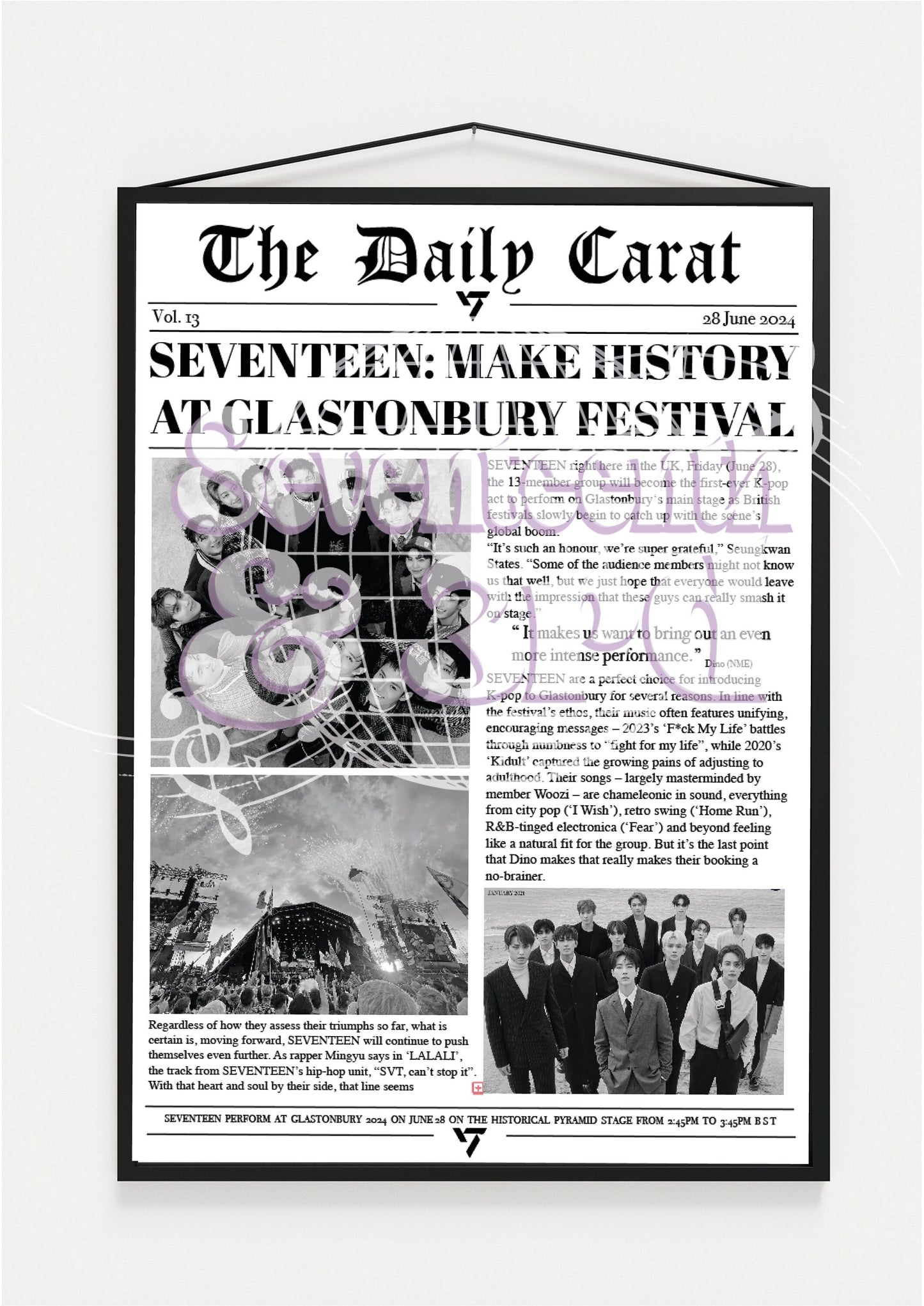 Seventeen "News Just In" at Glastonbury Inspired Wall Newspaper Print