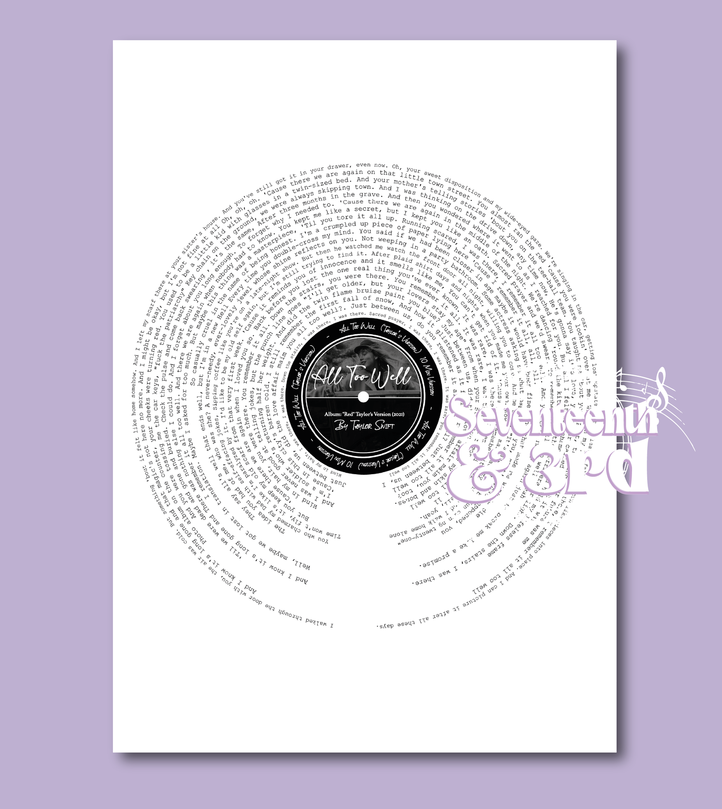All Too Well Print (TV) 10 Min Version | Lyrics Print | A3 scale