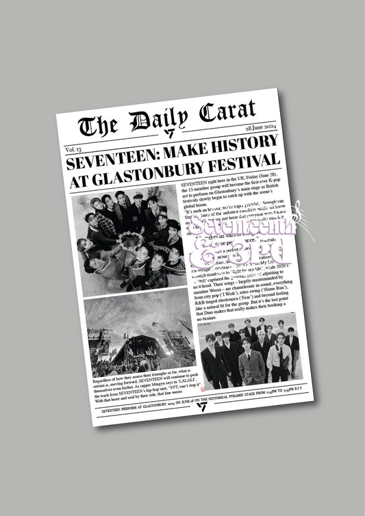 Seventeen "News Just In" at Glastonbury Inspired Wall Newspaper Print