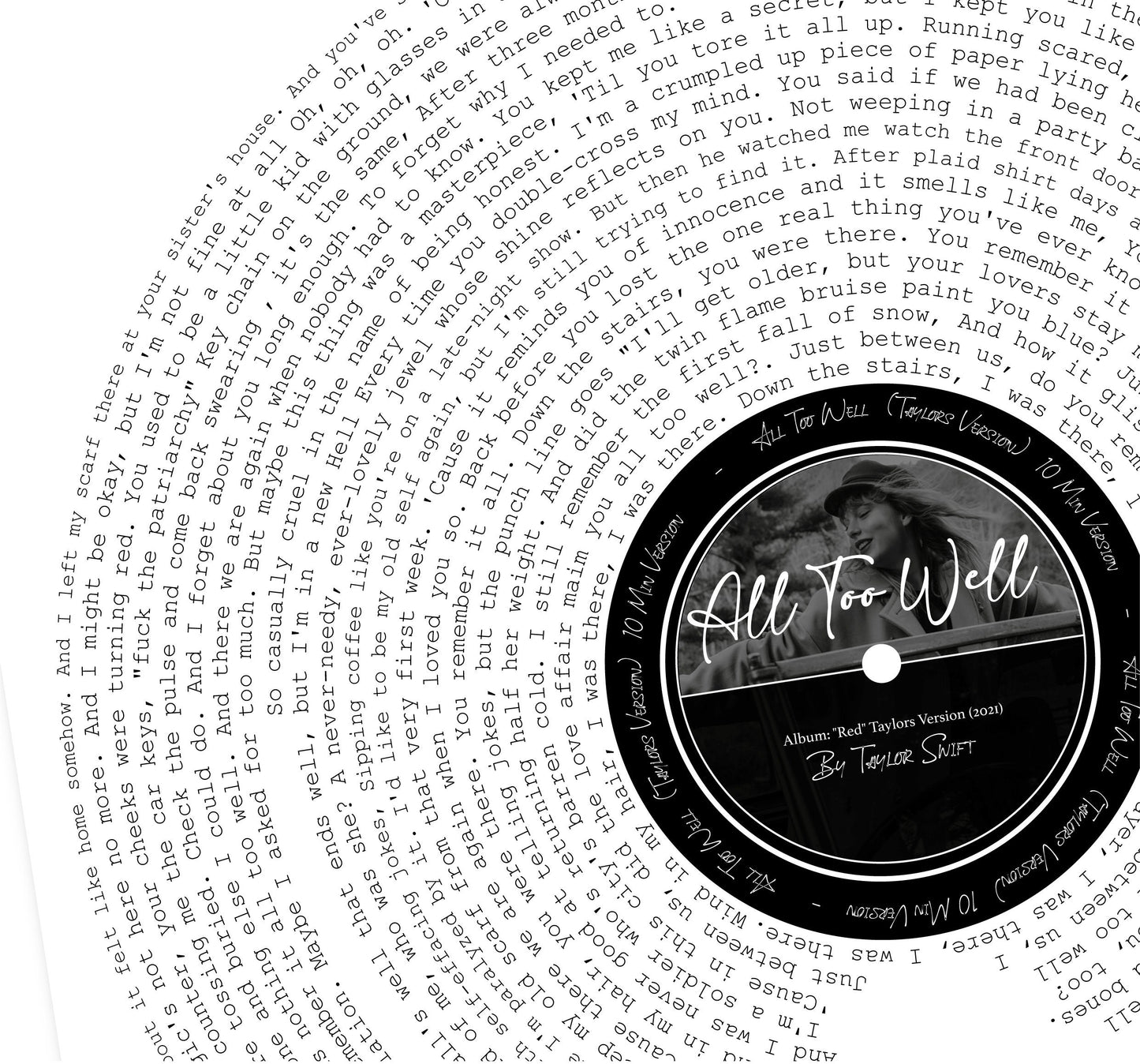 All Too Well Print (TV) 10 Min Version || Red Album ||  Lyrics Print || Vinyl Inspiration